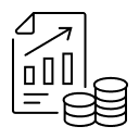  Icon of a document displaying a bar chart with an upward-trending arrow, next to two stacks of coins, representing financial growth, accounting, or business reporting.