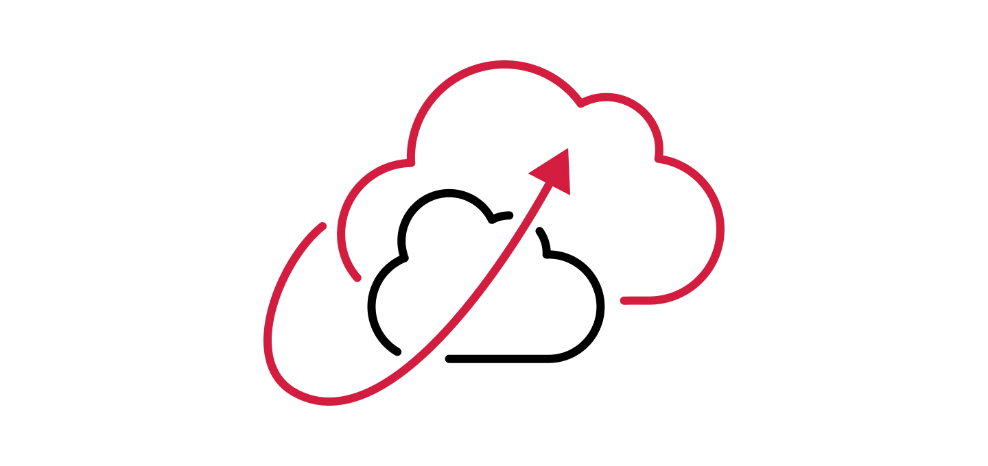 Icon representing cloud migration, business agility, and scalability, showing a cloud outline with an upward-pointing arrow.