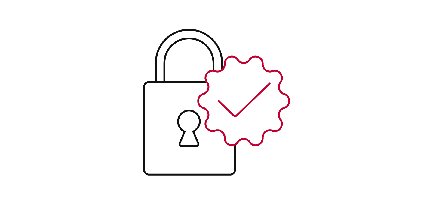 Icon of a black-outlined padlock with a bright red checkmark inside a red, starburst-shaped badge, signifying security, protection, and successful verification or authentication.