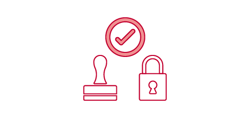 Icon with a red circle and a checkmark in the center is positioned above a red outline of a document and a red outline of a locked padlock.