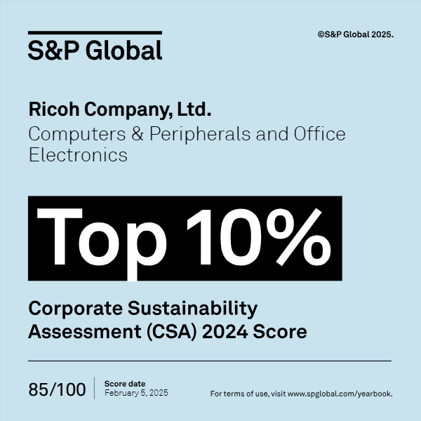 Ricoh’un S&P Global Kurumsal Sürdürülebilirlik Değerlendirmesi 2025’te ilk yüzde 10’luk dilimde yer aldığını gösteren görsel.