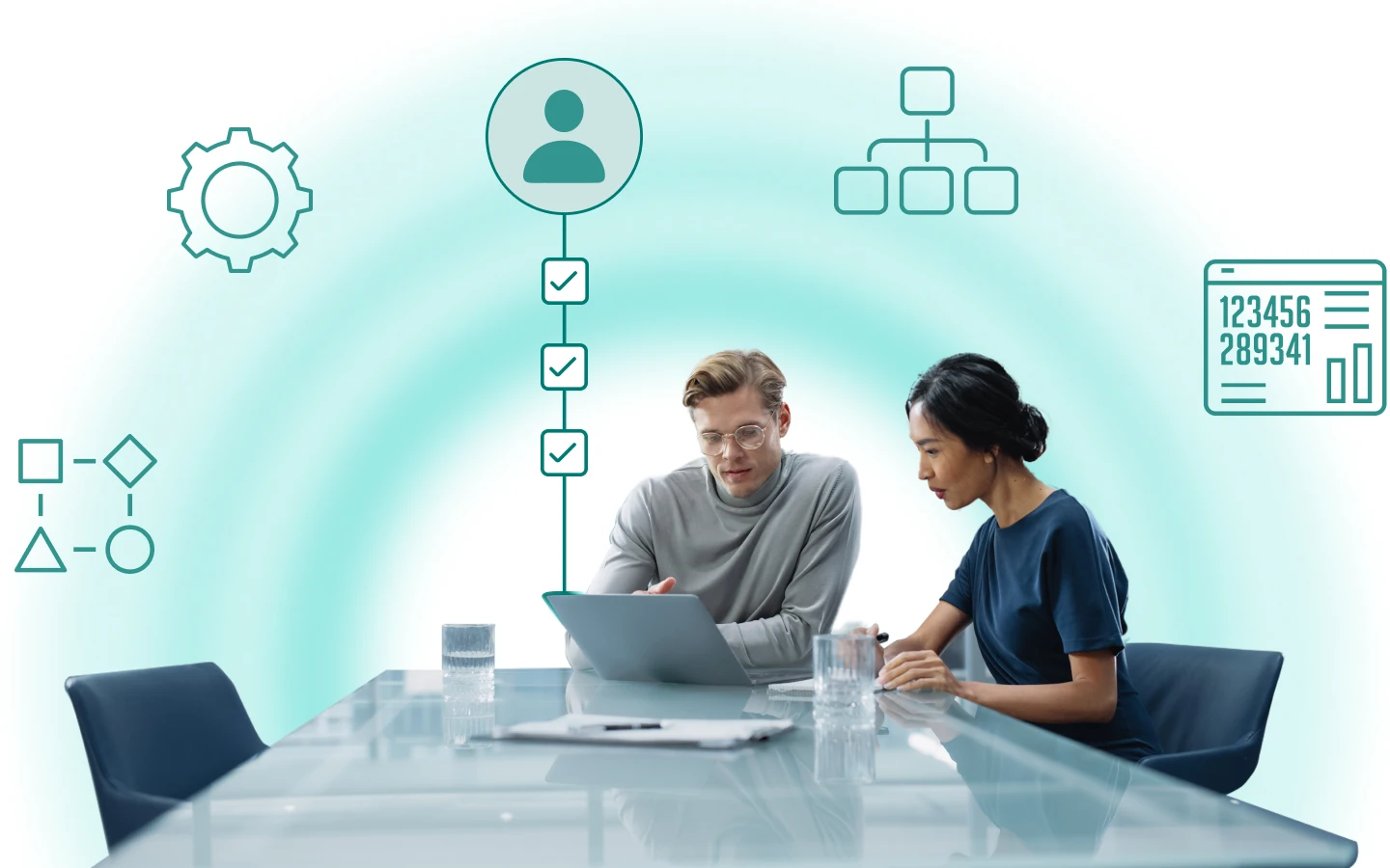 Two professionals, a man and a woman, are sitting at a modern conference table, collaborating on a laptop. The background features abstract digital icons, including a gear, flowchart, organizational structure, and data visualization, representing technology, automation, and business processes. The image has a futuristic and digital transformation theme.