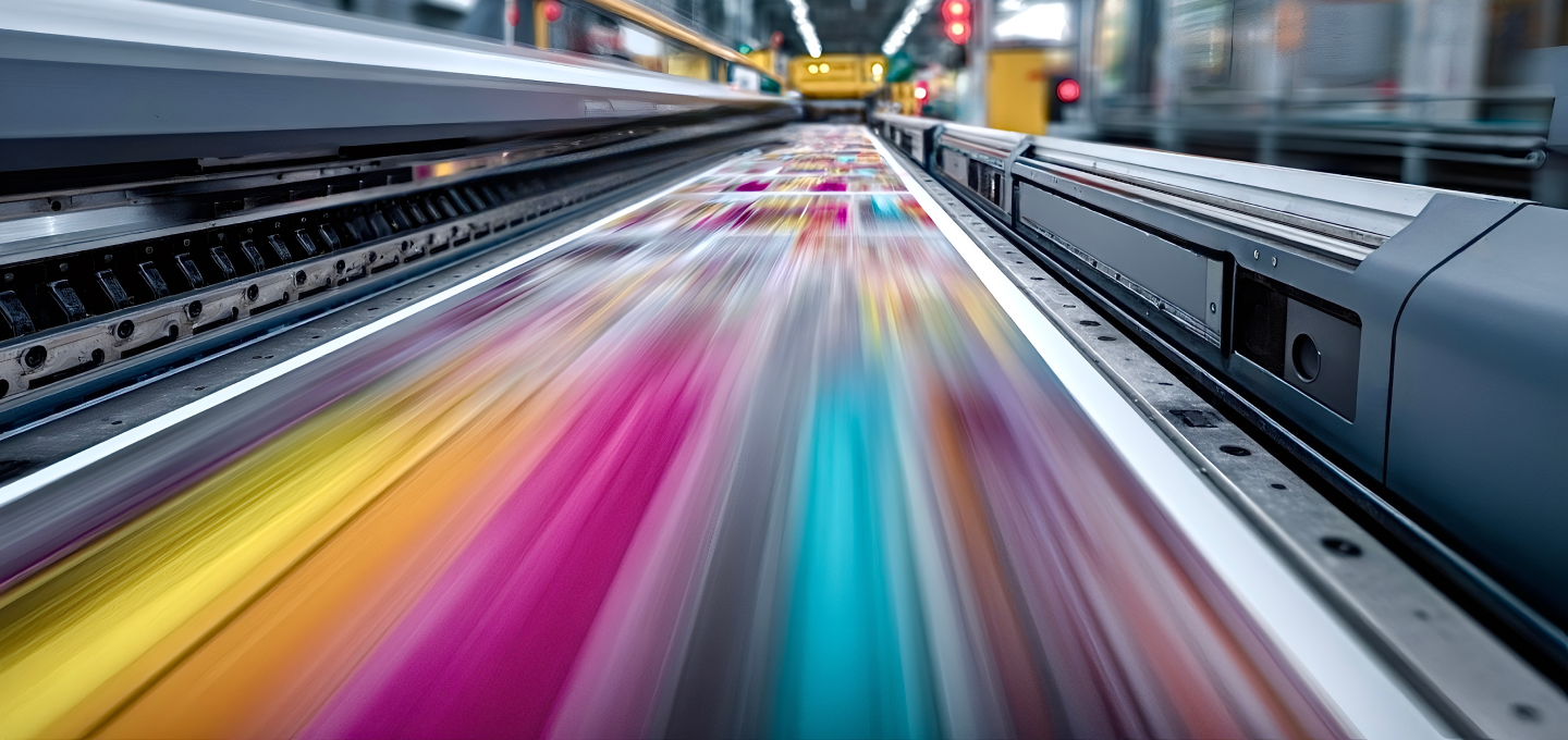 A motion-blurred, close-up shot of a large industrial printing press in action, showing paper with vibrant streaks of cyan, magenta, and yellow moving at high speed through the machinery.