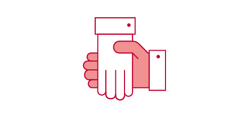 A simple, red line drawing of two hands clasped together in a handshake.